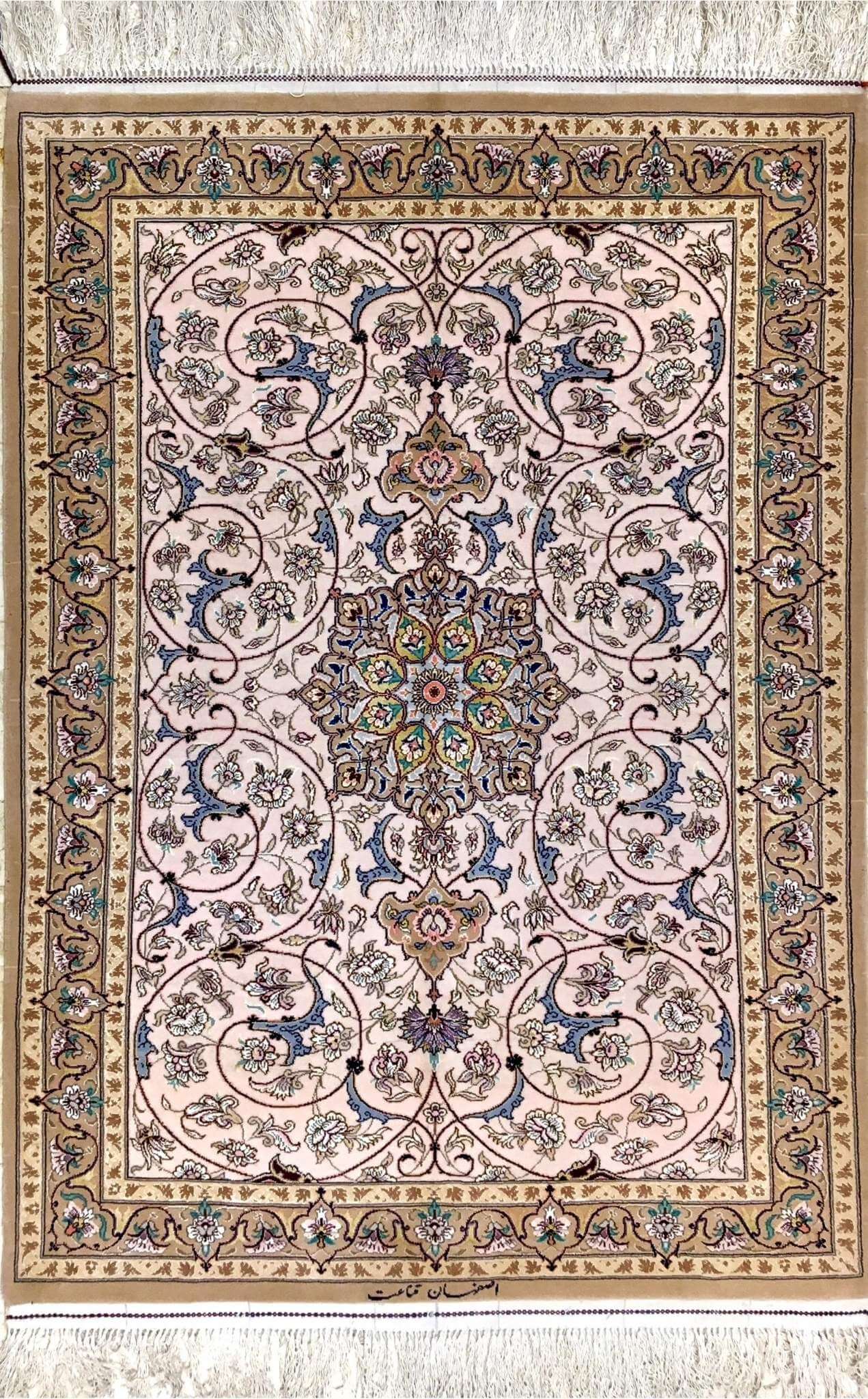 "Elegant handmade Persian rug with intricate floral motifs, perfect for small spaces."